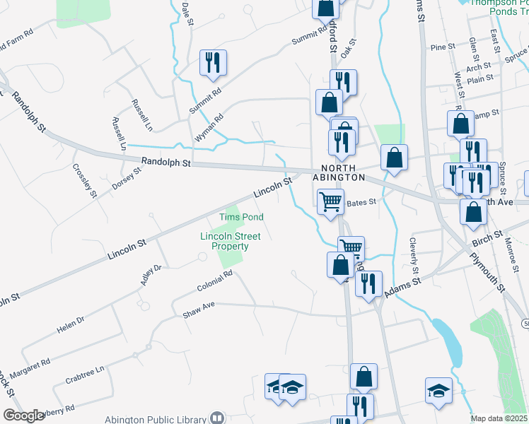 map of restaurants, bars, coffee shops, grocery stores, and more near 32 Warren Street in Abington