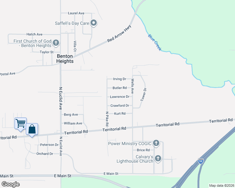 map of restaurants, bars, coffee shops, grocery stores, and more near 2431 Lawrence Drive in Benton Harbor