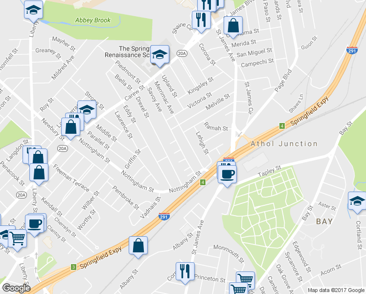 map of restaurants, bars, coffee shops, grocery stores, and more near 85 Savoy Avenue in Springfield