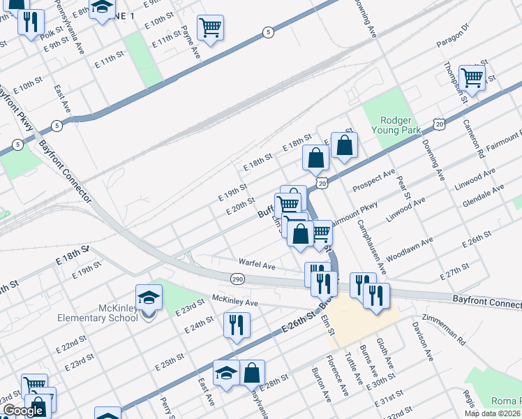 map of restaurants, bars, coffee shops, grocery stores, and more near 1302 Buffalo Road in Erie