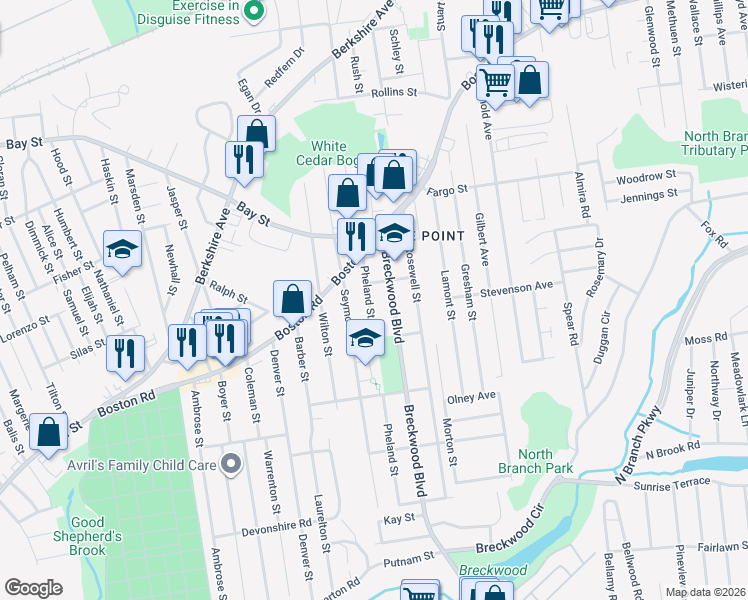 map of restaurants, bars, coffee shops, grocery stores, and more near 55 Pheland Street in Springfield
