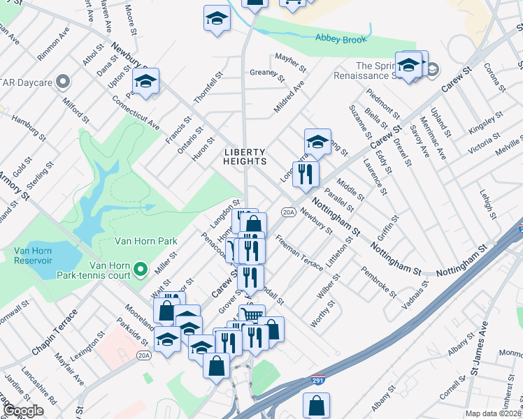map of restaurants, bars, coffee shops, grocery stores, and more near 102 Woodmont Street in Springfield