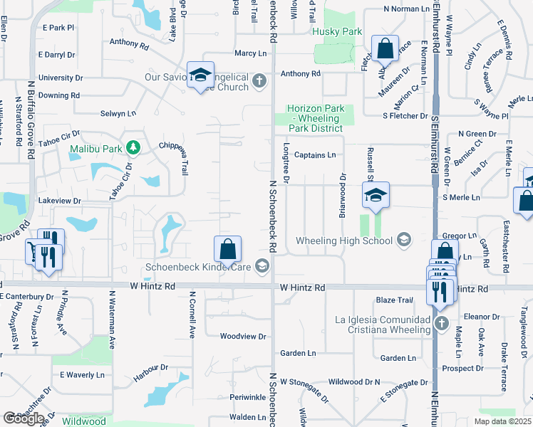 map of restaurants, bars, coffee shops, grocery stores, and more near 2912 North Schoenbeck Road in Arlington Heights