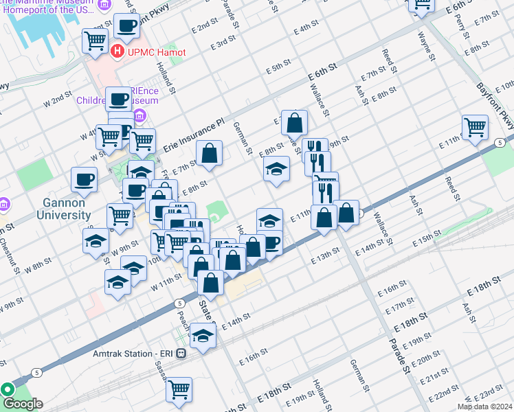 map of restaurants, bars, coffee shops, grocery stores, and more near 240 East 10th Street in Erie