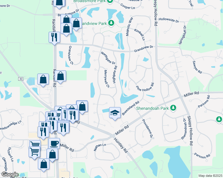 map of restaurants, bars, coffee shops, grocery stores, and more near 3105 Merrywell Court in Carpentersville
