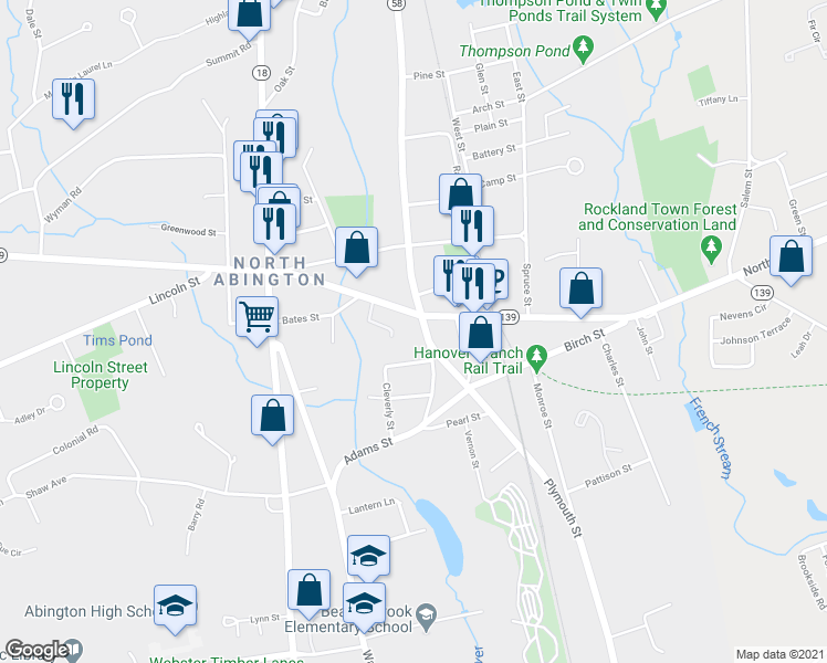 map of restaurants, bars, coffee shops, grocery stores, and more near 230 Adams Street in Abington