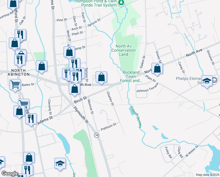 map of restaurants, bars, coffee shops, grocery stores, and more near 221 Birch Street in Abington