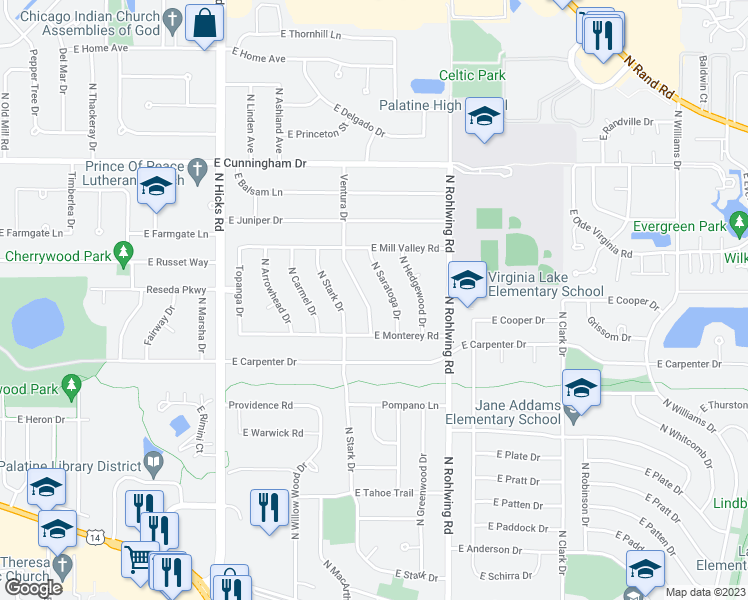 map of restaurants, bars, coffee shops, grocery stores, and more near 927 Ventura Drive in Palatine