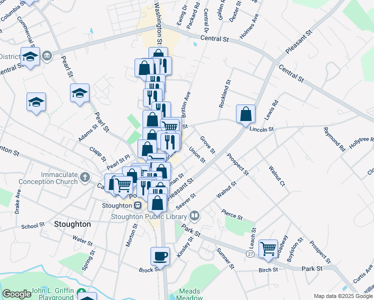 map of restaurants, bars, coffee shops, grocery stores, and more near 67 Monk Street in Stoughton