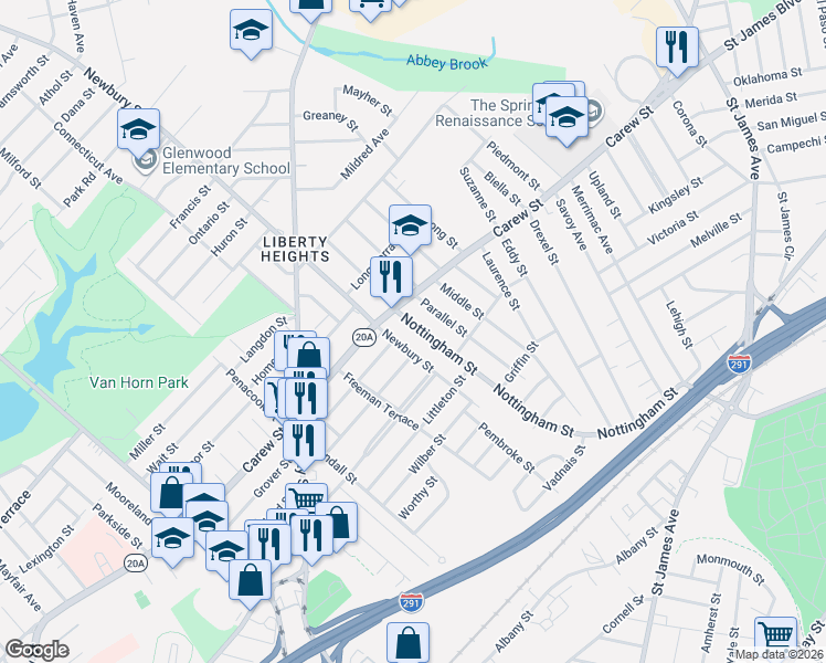 map of restaurants, bars, coffee shops, grocery stores, and more near 405 Newbury Street in Springfield