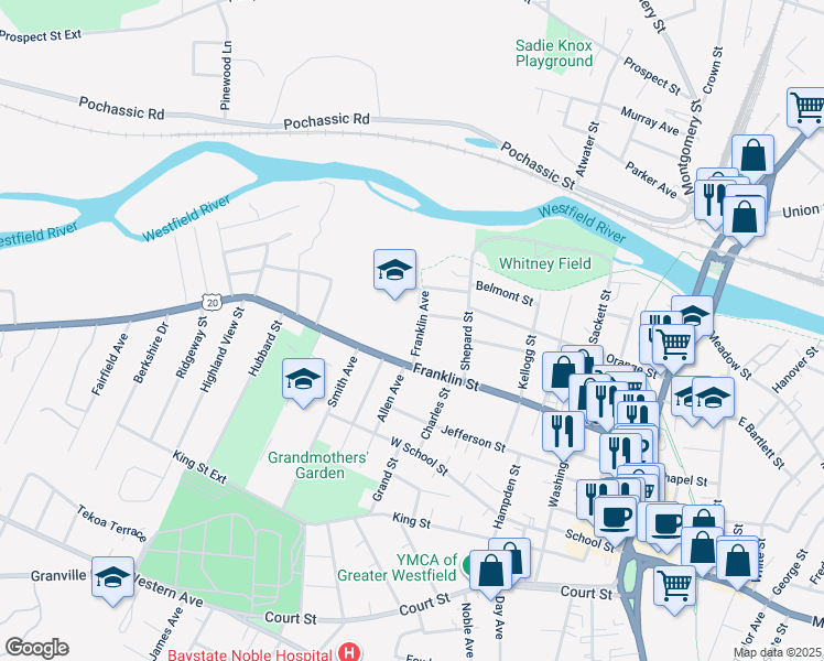 map of restaurants, bars, coffee shops, grocery stores, and more near 10 Franklin Ave in Westfield