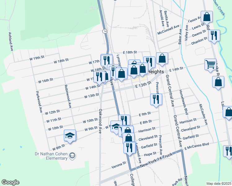 map of restaurants, bars, coffee shops, grocery stores, and more near 2145 College Avenue in Elmira