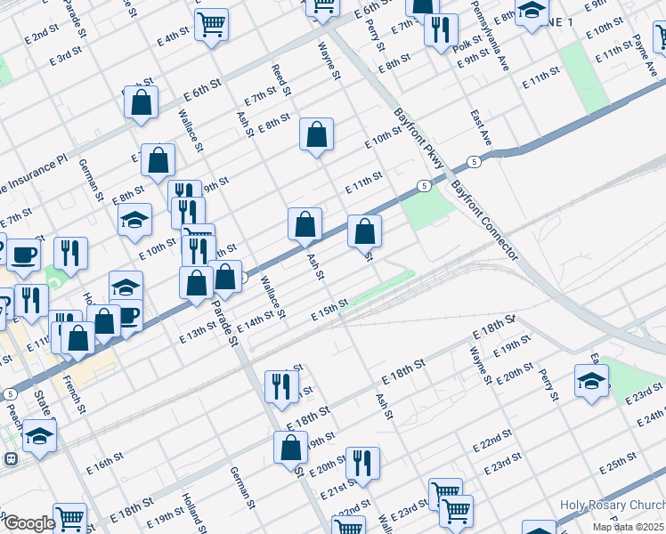 map of restaurants, bars, coffee shops, grocery stores, and more near 613 East 13th Street in Erie