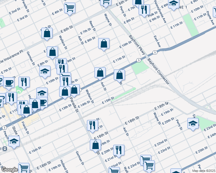map of restaurants, bars, coffee shops, grocery stores, and more near 613 East 13th Street in Erie
