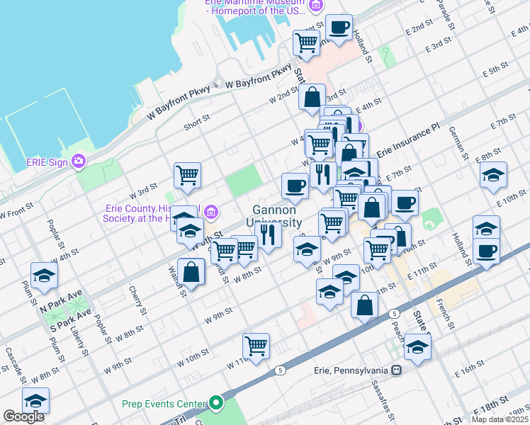 map of restaurants, bars, coffee shops, grocery stores, and more near 221 West 6th Street in Erie