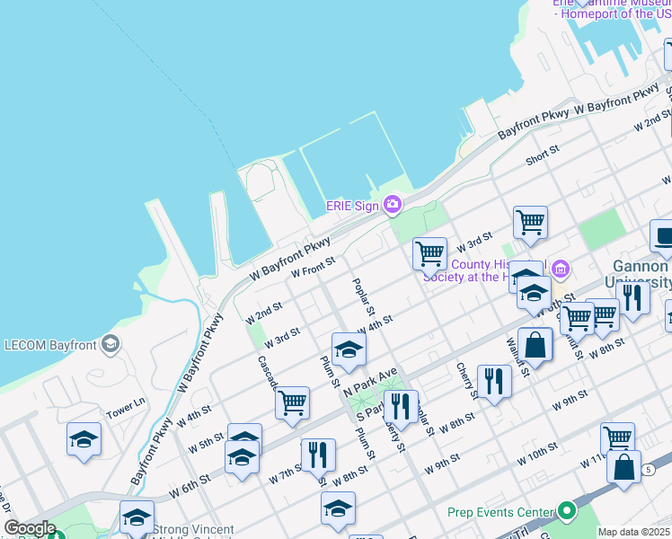 map of restaurants, bars, coffee shops, grocery stores, and more near 718 West 2nd Street in Erie