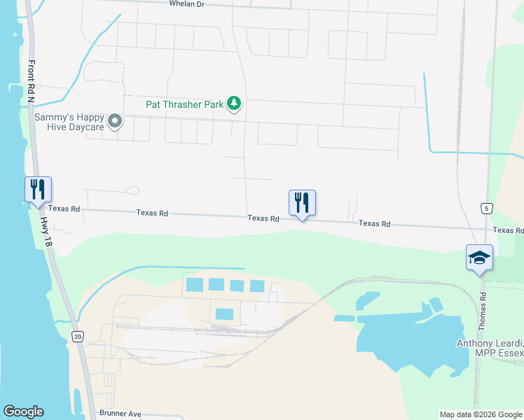 map of restaurants, bars, coffee shops, grocery stores, and more near 262 Texas Road in Amherstburg