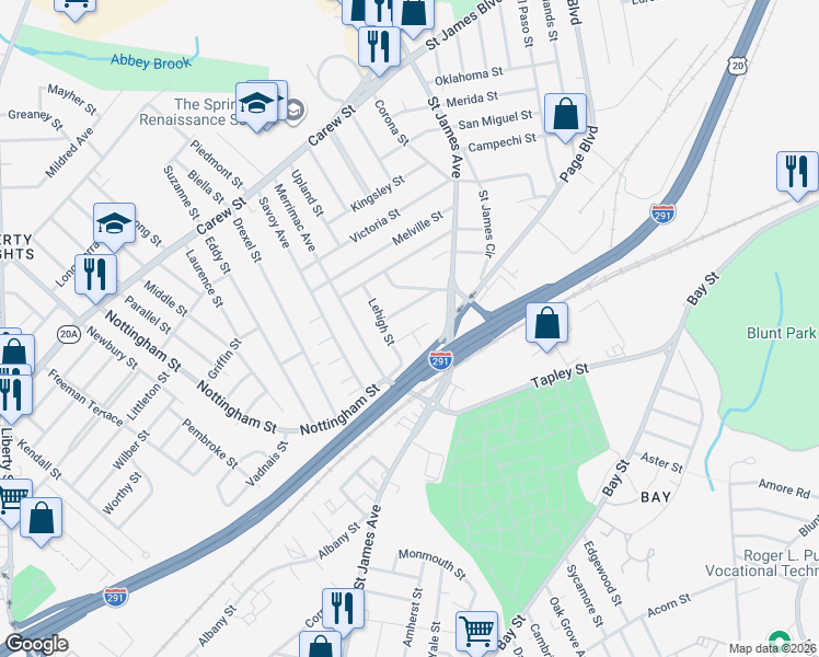 map of restaurants, bars, coffee shops, grocery stores, and more near 42 Porter Street in Springfield