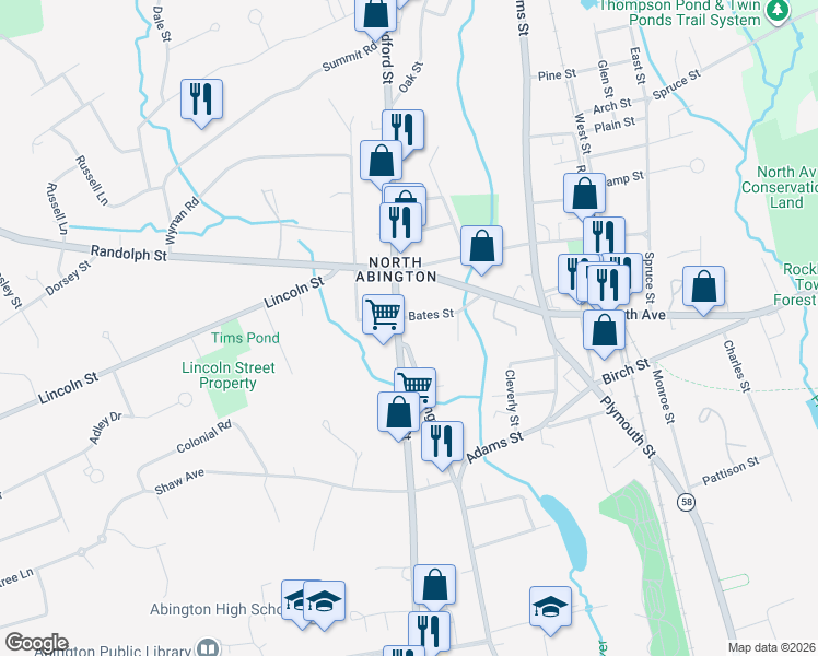map of restaurants, bars, coffee shops, grocery stores, and more near 1353 Washington Street in Abington