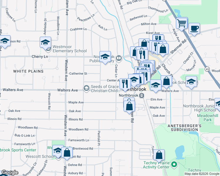 map of restaurants, bars, coffee shops, grocery stores, and more near 2116 Walters Avenue in Northbrook
