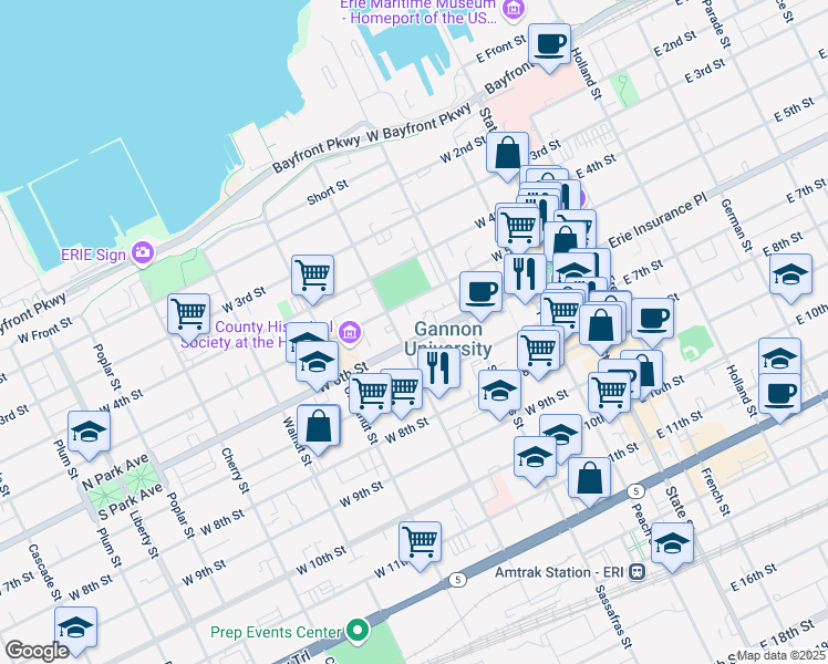 map of restaurants, bars, coffee shops, grocery stores, and more near 254 West 6th Street in Erie