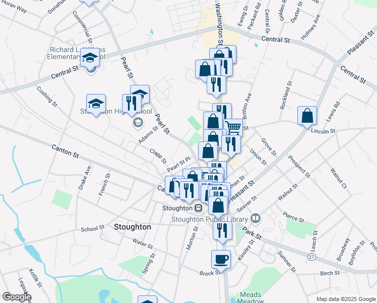 map of restaurants, bars, coffee shops, grocery stores, and more near 88 Pearl Street in Stoughton