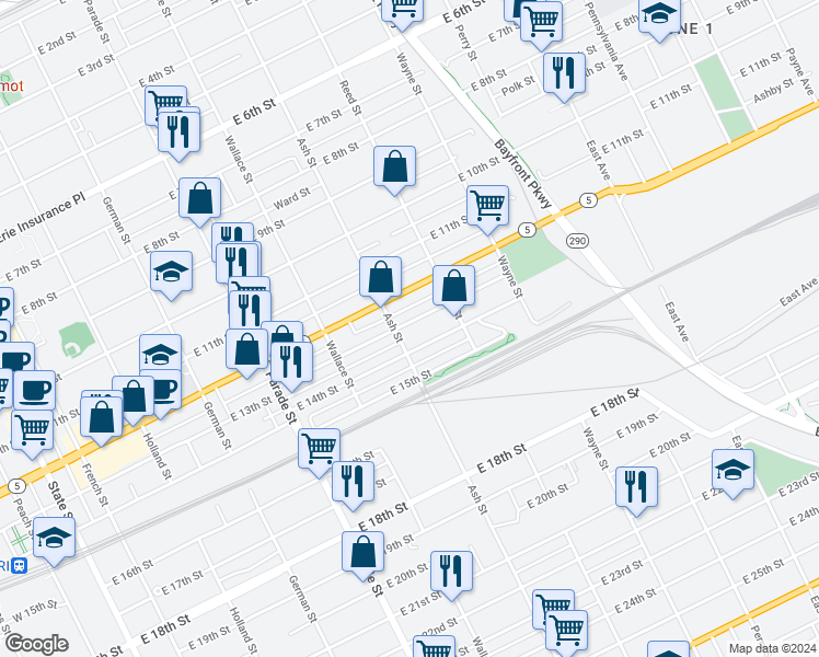 map of restaurants, bars, coffee shops, grocery stores, and more near 613 East 13th Street in Erie