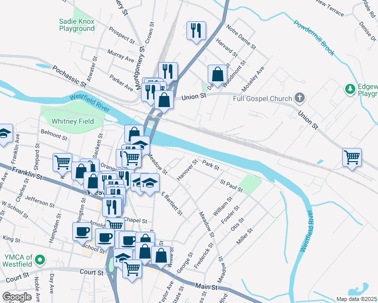 map of restaurants, bars, coffee shops, grocery stores, and more near 27 Hanover Street in Westfield
