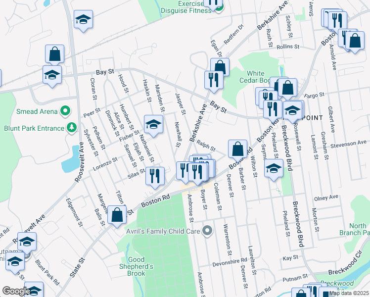 map of restaurants, bars, coffee shops, grocery stores, and more near 176 Berkshire Avenue in Springfield