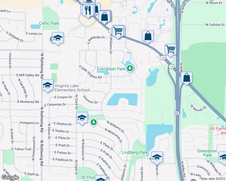 map of restaurants, bars, coffee shops, grocery stores, and more near 941 North Williams Drive in Palatine