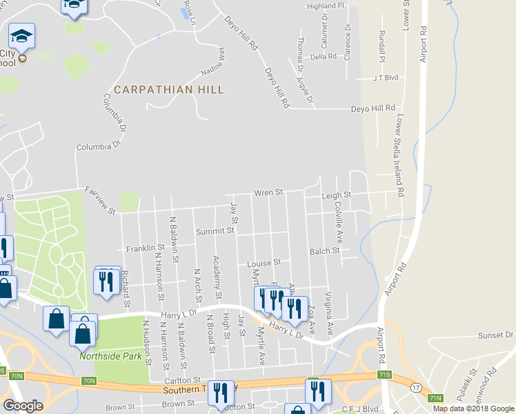 map of restaurants, bars, coffee shops, grocery stores, and more near 218 Myrtle Avenue in Johnson City