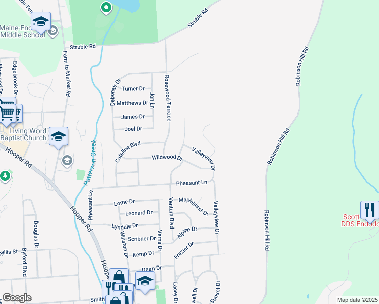 map of restaurants, bars, coffee shops, grocery stores, and more near 733 Valleyview Dr in Endwell