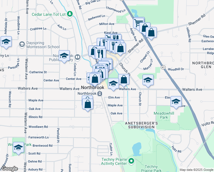 map of restaurants, bars, coffee shops, grocery stores, and more near 1347 Shermer Road in Northbrook