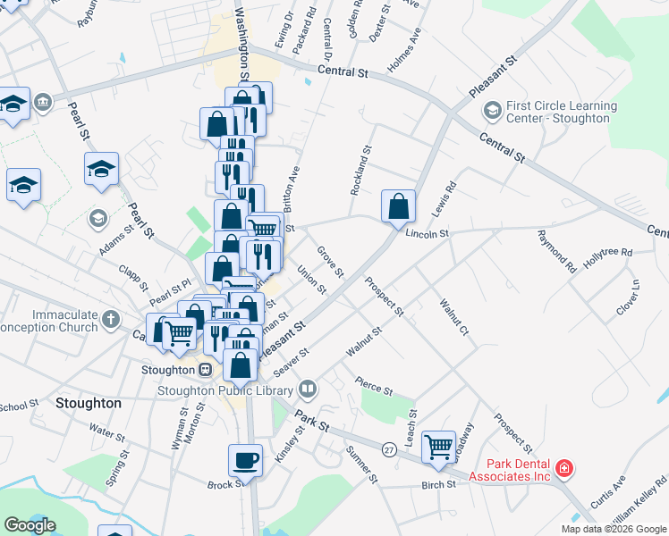 map of restaurants, bars, coffee shops, grocery stores, and more near 26 Grove Street in Stoughton