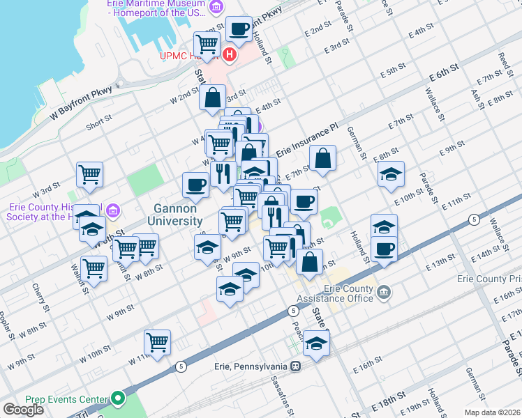 map of restaurants, bars, coffee shops, grocery stores, and more near 7 East 7th Street in Erie