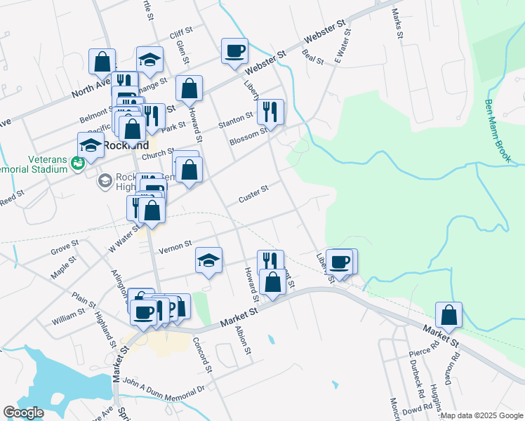 map of restaurants, bars, coffee shops, grocery stores, and more near 186 Vernon Street in Rockland