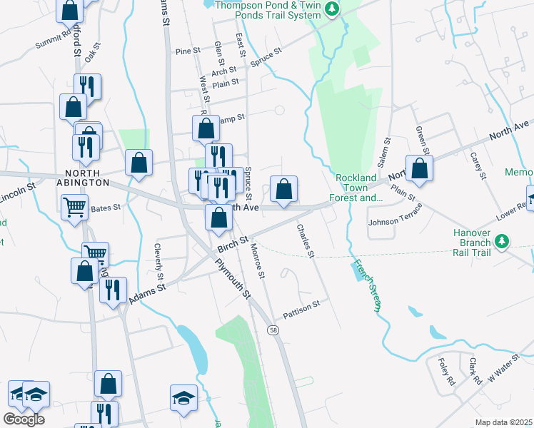 map of restaurants, bars, coffee shops, grocery stores, and more near 287 North Avenue in Abington