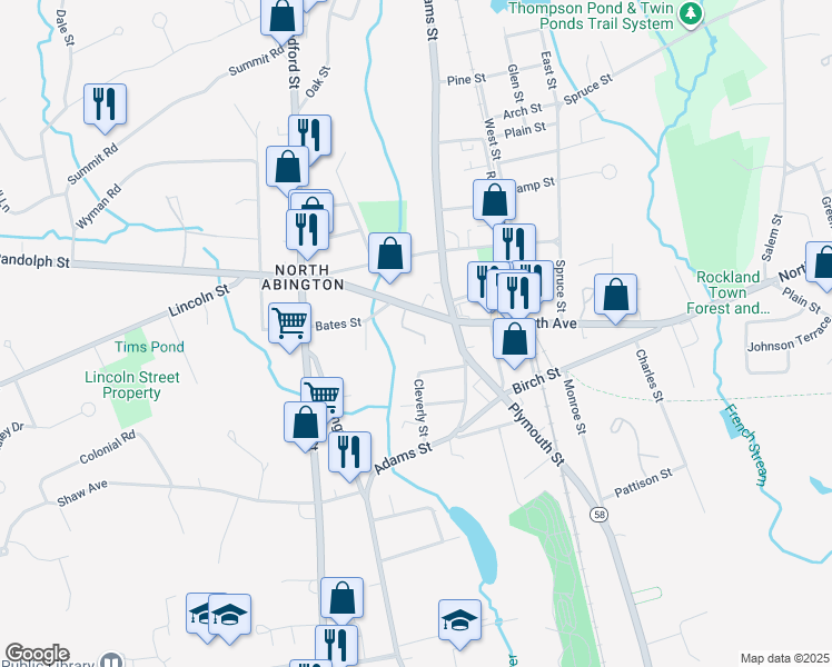 map of restaurants, bars, coffee shops, grocery stores, and more near 125 North Avenue in Abington