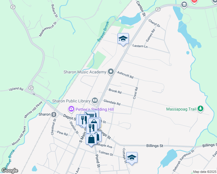 map of restaurants, bars, coffee shops, grocery stores, and more near 86 North Main Street in Sharon