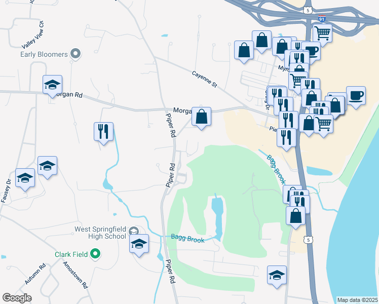 map of restaurants, bars, coffee shops, grocery stores, and more near 22 Shady Brook in West Springfield