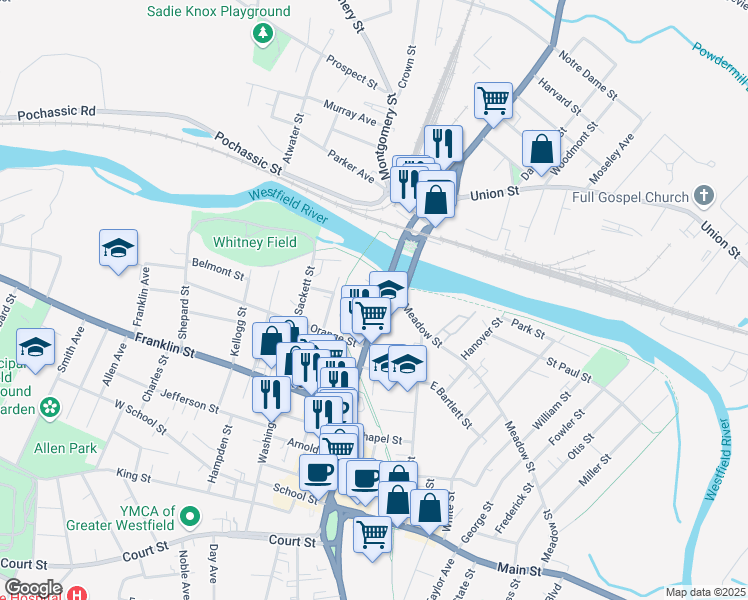 map of restaurants, bars, coffee shops, grocery stores, and more near 336 Elm Street in Westfield