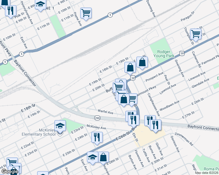 map of restaurants, bars, coffee shops, grocery stores, and more near 1302 Buffalo Road in Erie