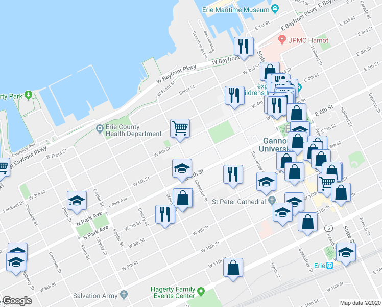 map of restaurants, bars, coffee shops, grocery stores, and more near 356 West 5th Street in Erie