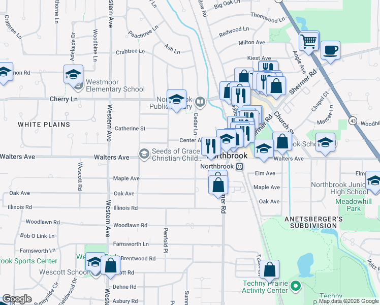 map of restaurants, bars, coffee shops, grocery stores, and more near 2116 Walters Avenue in Northbrook