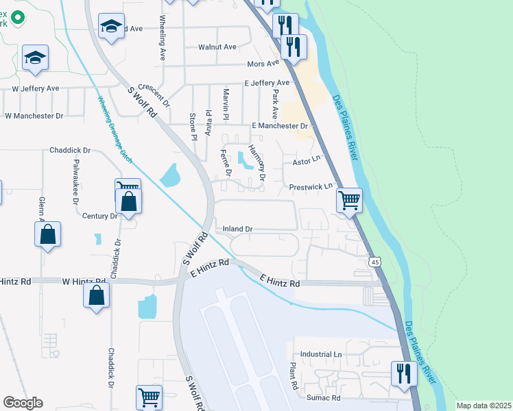 map of restaurants, bars, coffee shops, grocery stores, and more near 403 Inland Drive in Wheeling