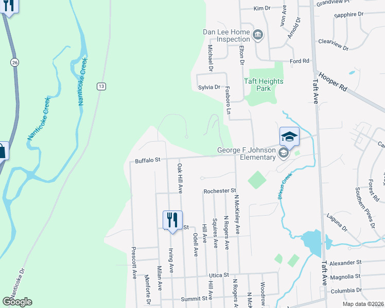 map of restaurants, bars, coffee shops, grocery stores, and more near 1117 Buffalo Street in Endicott