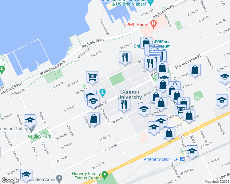 map of restaurants, bars, coffee shops, grocery stores, and more near 510 Myrtle Street in Erie