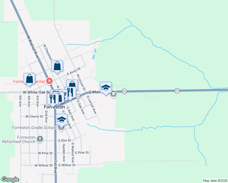 map of restaurants, bars, coffee shops, grocery stores, and more near 601 E Main St in Forreston