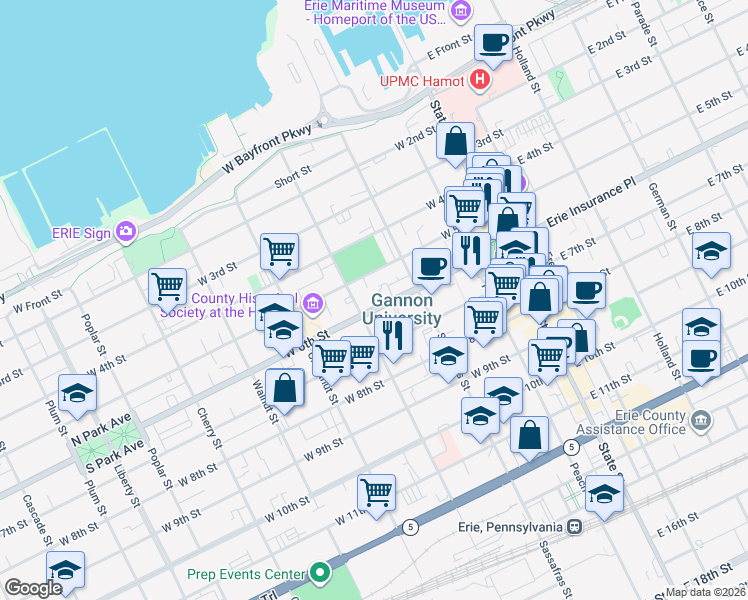 map of restaurants, bars, coffee shops, grocery stores, and more near 254 West 6th Street in Erie