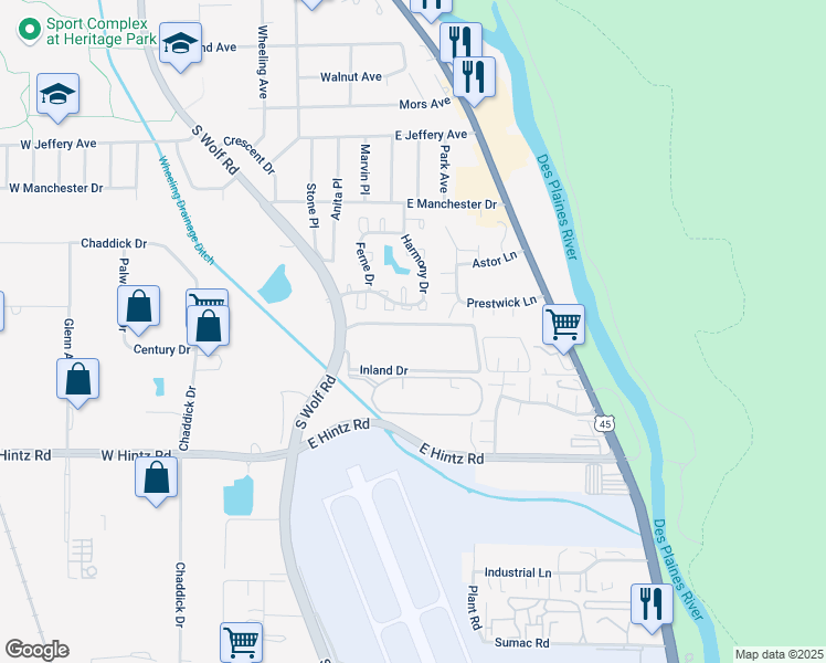 map of restaurants, bars, coffee shops, grocery stores, and more near 403 Inland Drive in Wheeling